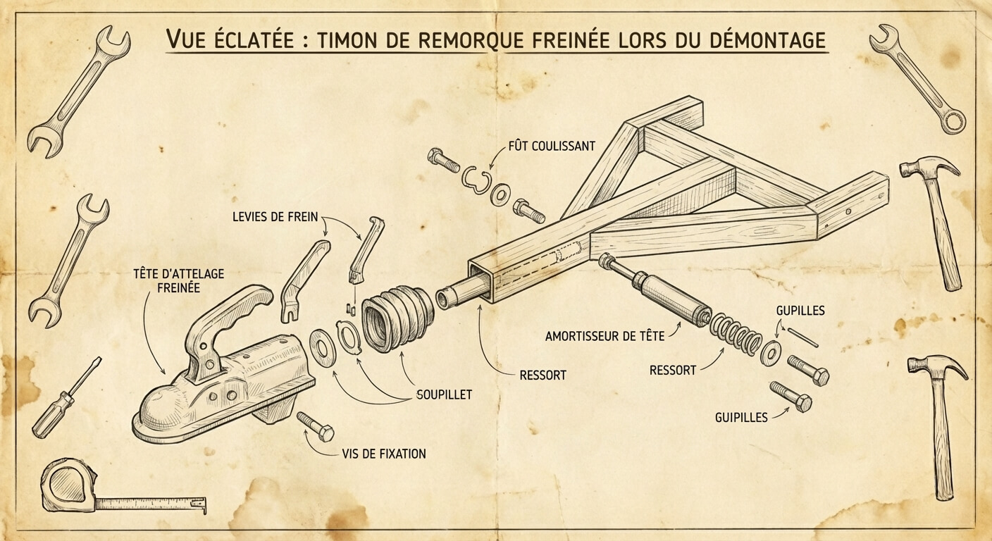 Vue éclatée d'un timon de remorque freinée montrant le fut coulissant et l'amortisseur de tête lors du démontage.
