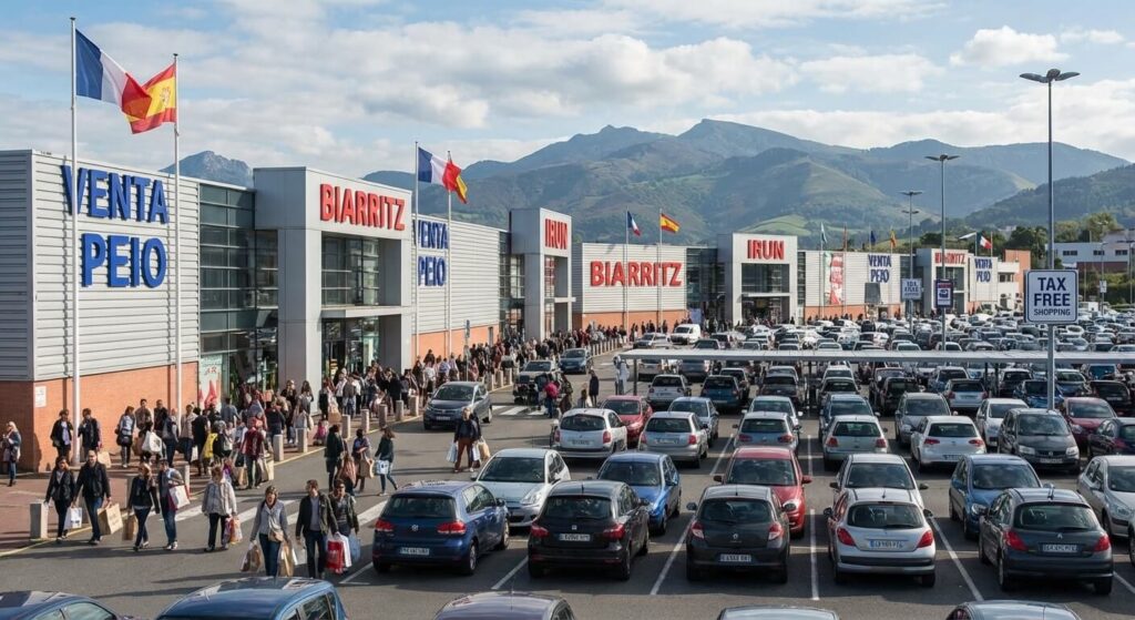 Vue extérieure des centres commerciaux (Ventas) à Dancharia à la frontière franco-espagnole, lieu prisé pour les courses détaxées.