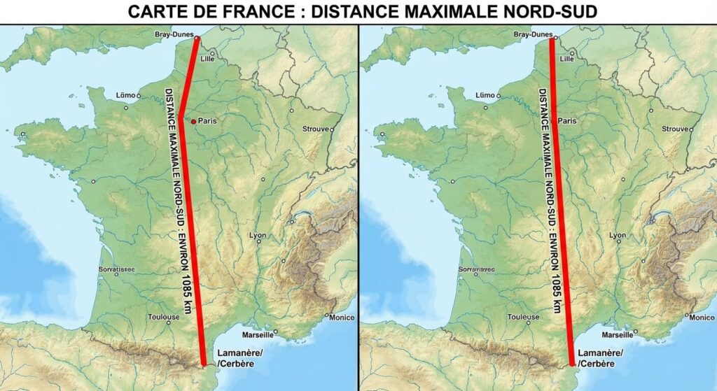 Carte de France tracée d'une ligne reliant l'extrême Nord à l'extrême Sud, illustrant la distance maximale.