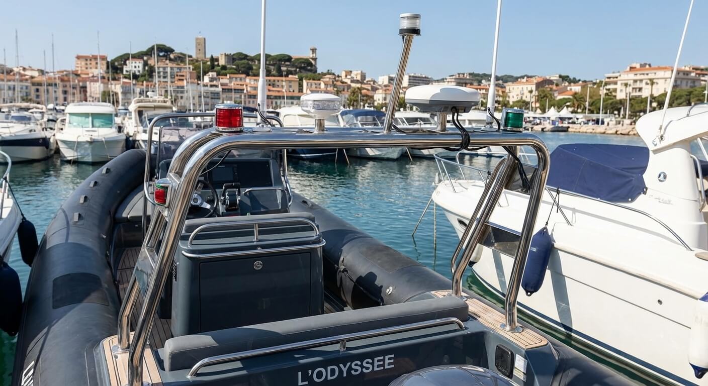 Arceau roll-bar en inox monté sur un bateau semi-rigide, équipé de feux de navigation et d'antennes.