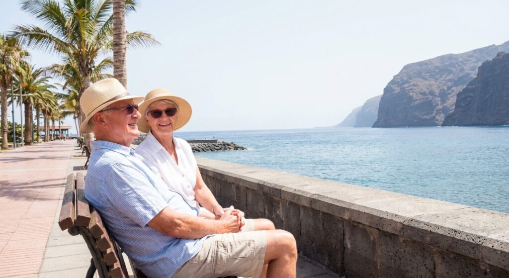 Couple de retraités profitant du soleil sur une promenade en bord de mer à Tenerife, Îles Canaries.