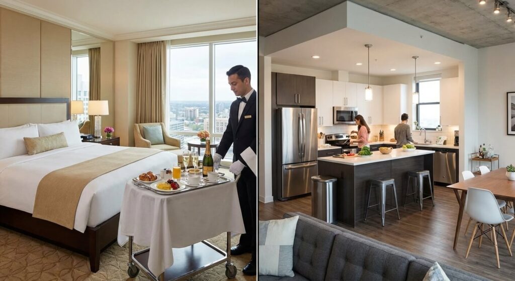 Hôtel ou Airbnb : le comparatif complet pour vos vacances en 2026 2 Image scindée en deux : à gauche une chambre d'hôtel avec service, à droite un appartement Airbnb avec cuisine équipée.