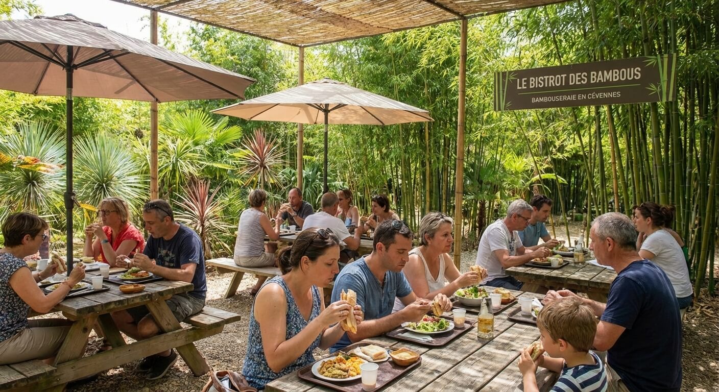 Visiteurs déjeunant au snack de la Bambouseraie en Cévennes sur une terrasse ombragée.