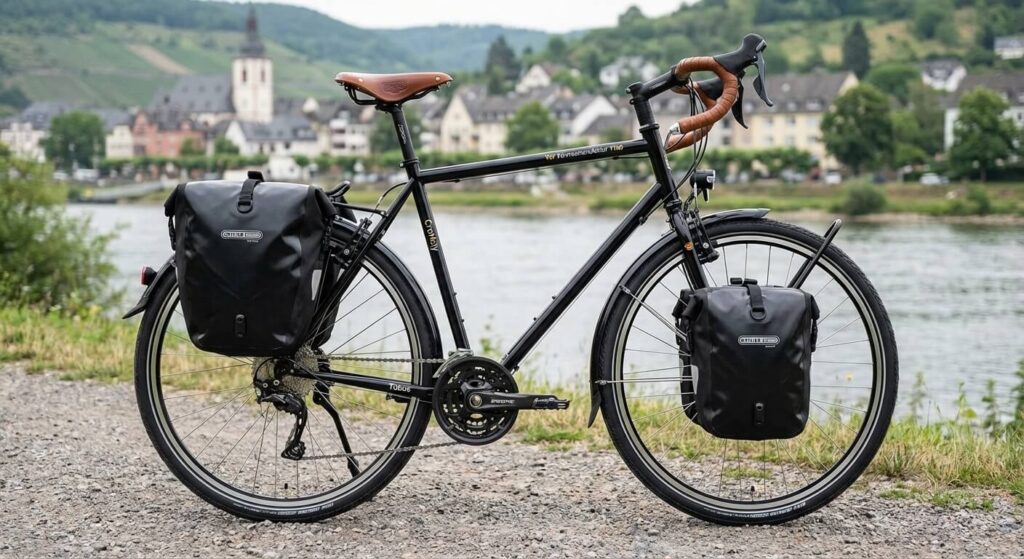 Vélo de trekking VSF Fahrradmanufaktur T100 en acier chromoly noir, équipé de sacoches pour le voyage.