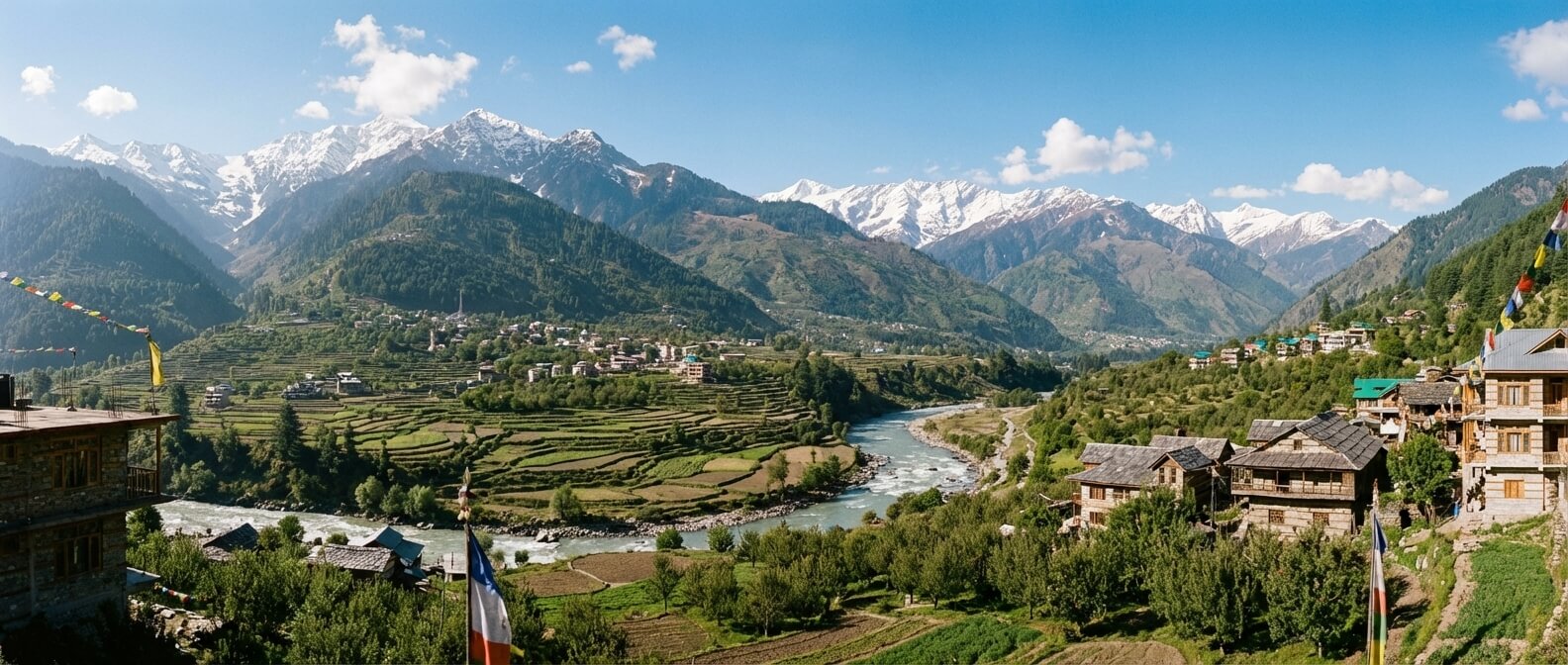 Vue panoramique sur la vallée de Kullu et les sommets enneigés de Manali dans l'Himachal Pradesh, Inde.