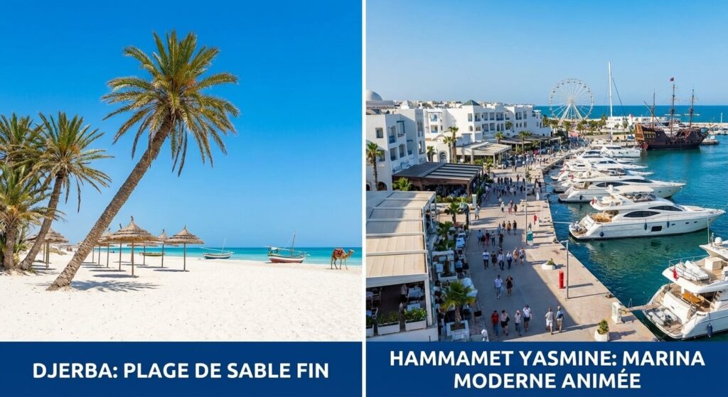 Comparaison visuelle entre une plage de sable fin avec palmiers à Djerba et la marina moderne animée de Hammamet Yasmine.