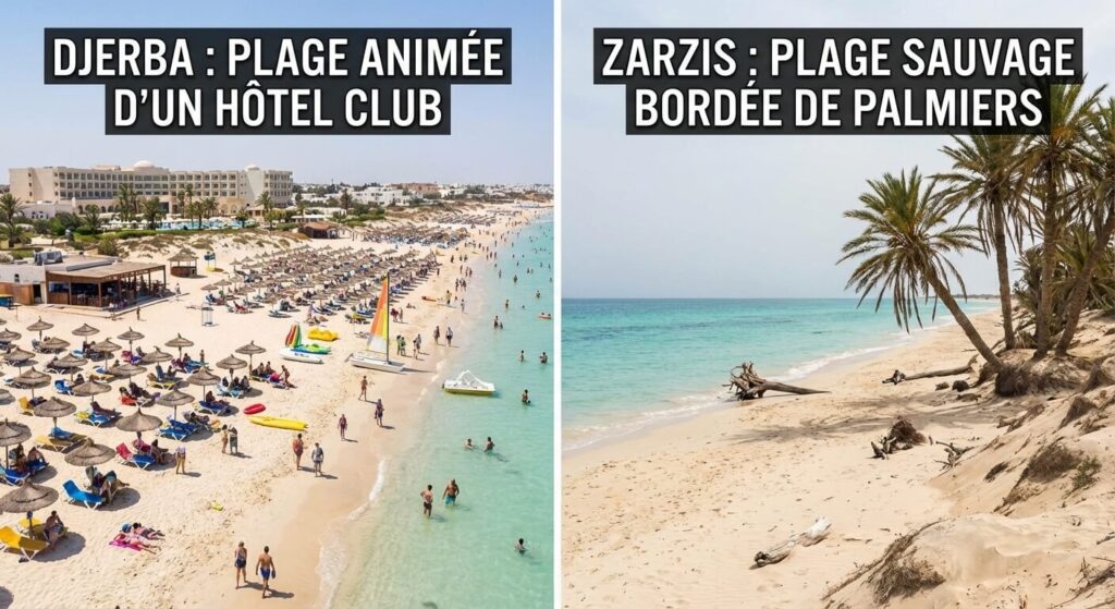 Comparaison entre la plage animée d'un hôtel club à Djerba et une plage sauvage bordée de palmiers à Zarzis.
