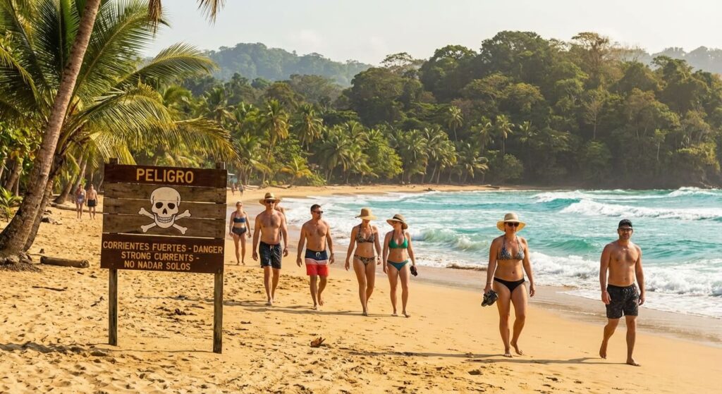 Touristes marchant sur la plage de Red Frog à Bocas del Toro, panneau d'avertissement sur les courants.