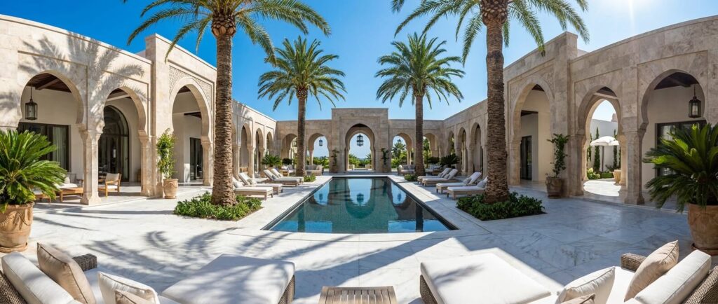 Une vue d'ensemble grand angle d'un patio luxueux avec une piscine centrale symétrique, entourée d'arches et de grands palmiers. Lumière du jour éclatante.