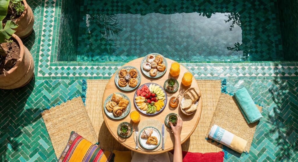 Une photo prise d'en haut (vue plongeante) sur un bassin aux zelliges verts ou turquoises (type Riad Yasmine), avec un petit-déjeuner servi au bord de l'eau.