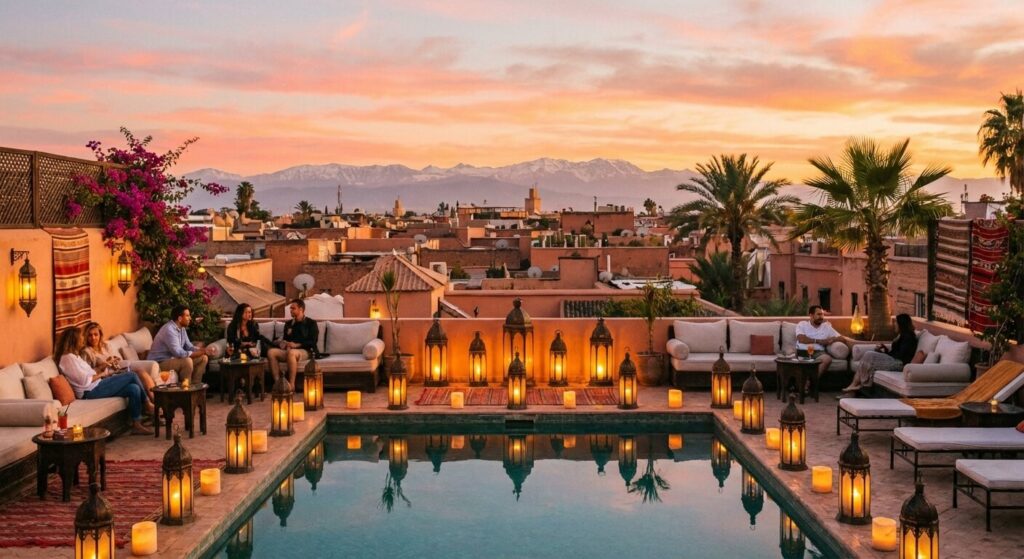 Une piscine sur un toit-terrasse (rooftop) au moment du coucher du soleil (Golden Hour), avec des lanternes allumées et une vue sur les toits de la ville ou l'Atlas au loin.