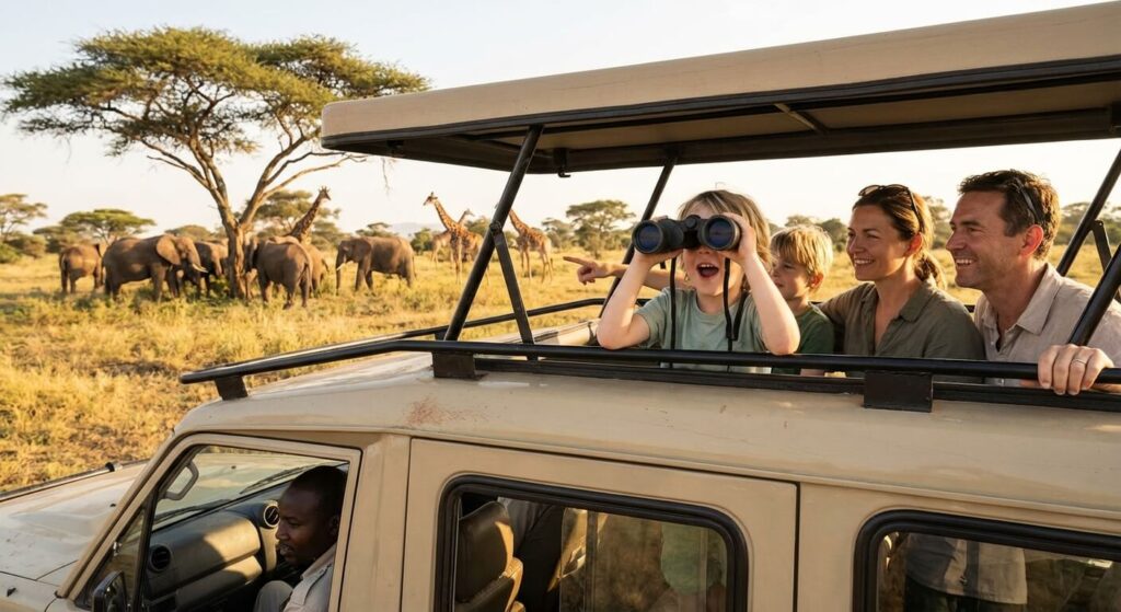 Enfant émerveillé observant la faune avec des jumelles lors d'un safari en famille en Tanzanie.