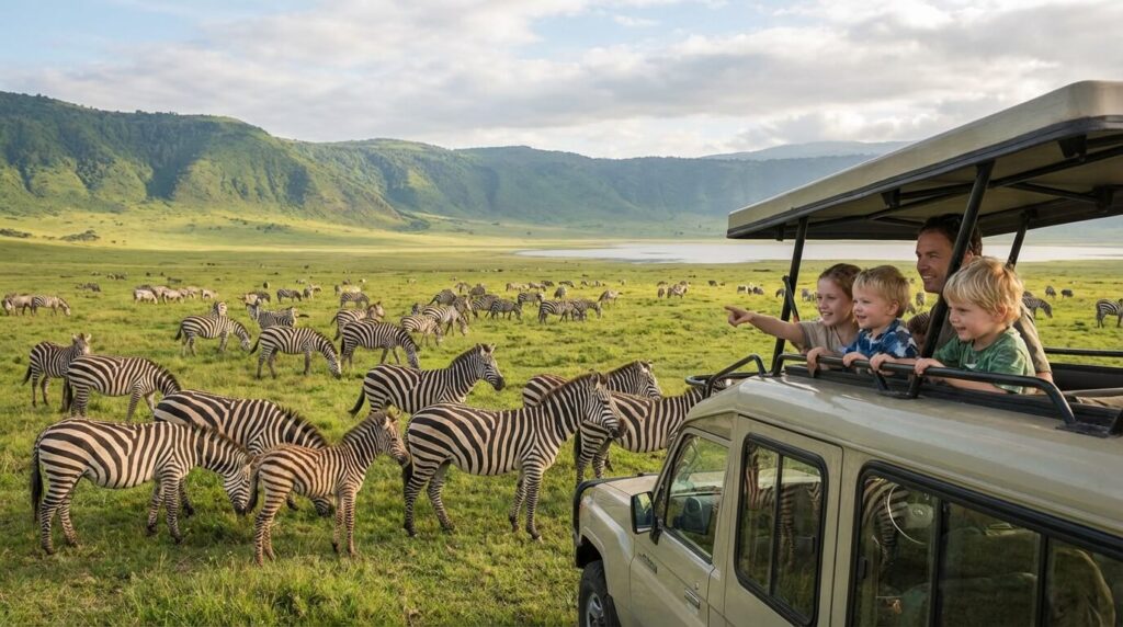 Troupeau de zèbres dans le cratère du Ngorongoro, idéal pour l'observation facile avec des enfants.
