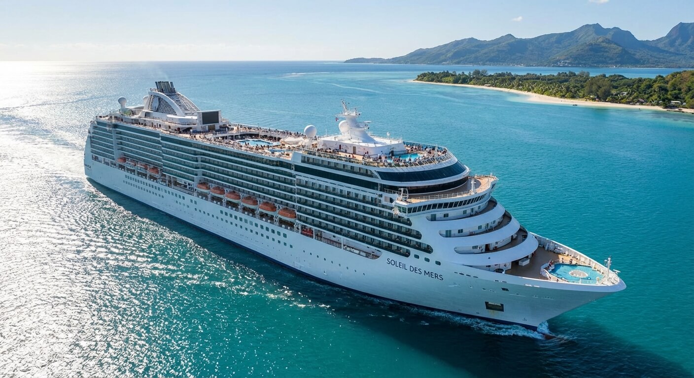 Grand navire de croisière naviguant sur une mer calme sous le soleil.