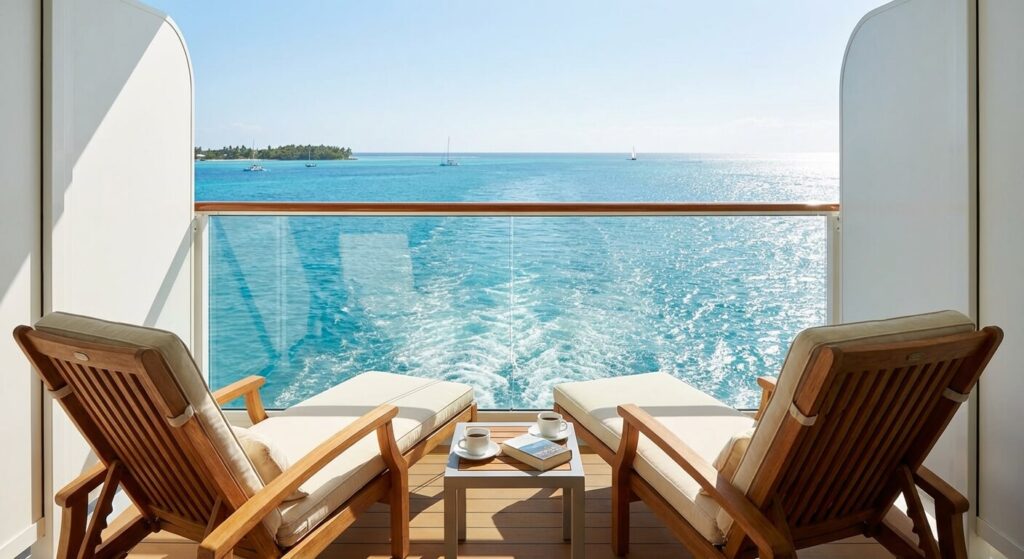 Vue relaxante sur l'océan depuis le balcon d'une cabine de bateau