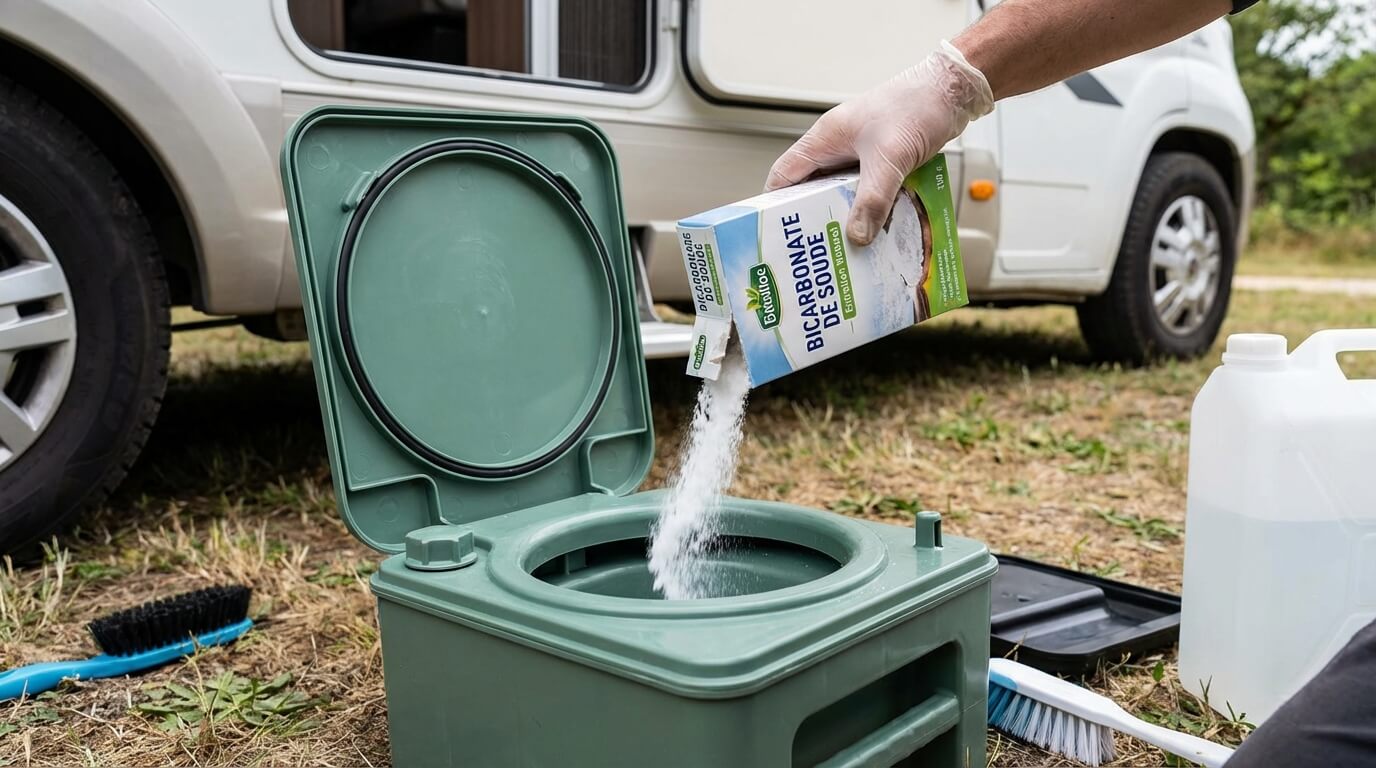 Main versant du bicarbonate de soude dans une cassette WC de camping-car pour l'entretien naturel
