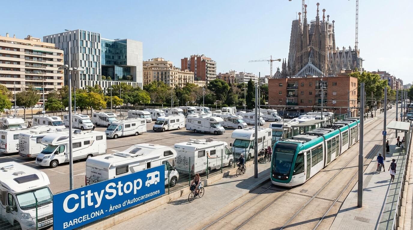 Camping-cars stationnés sur l'aire urbaine CityStop à Barcelone avec le tramway à proximité