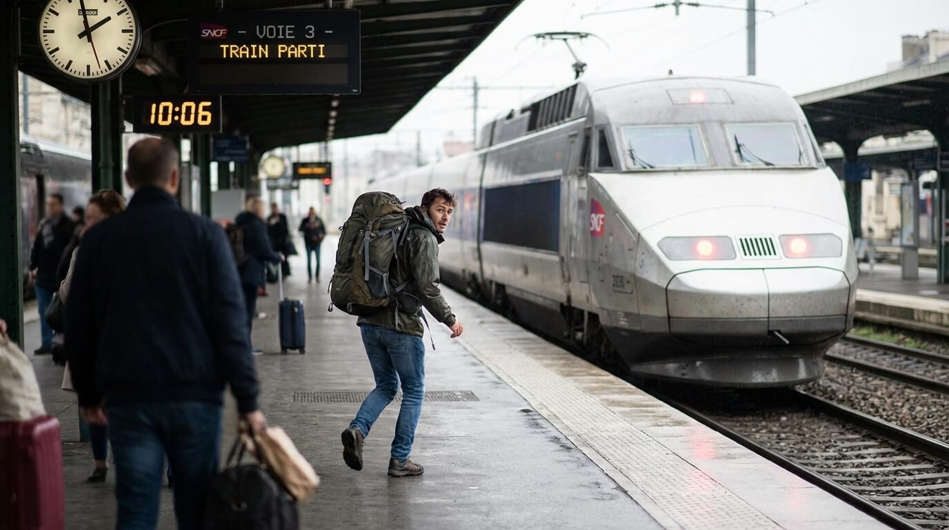 Voyageur courant sur le quai d'une gare SNCF et regardant son train partir, illustrant le train raté