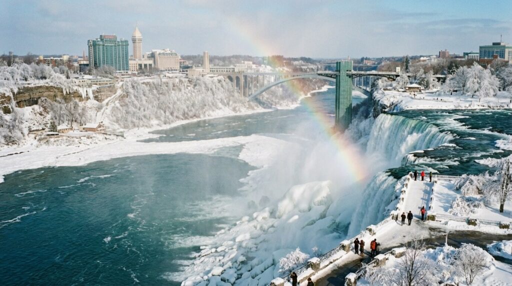 Vue panoramique des Chutes du Niagara partiellement gelées en hiver avec les ponts de glace et la brume givrante