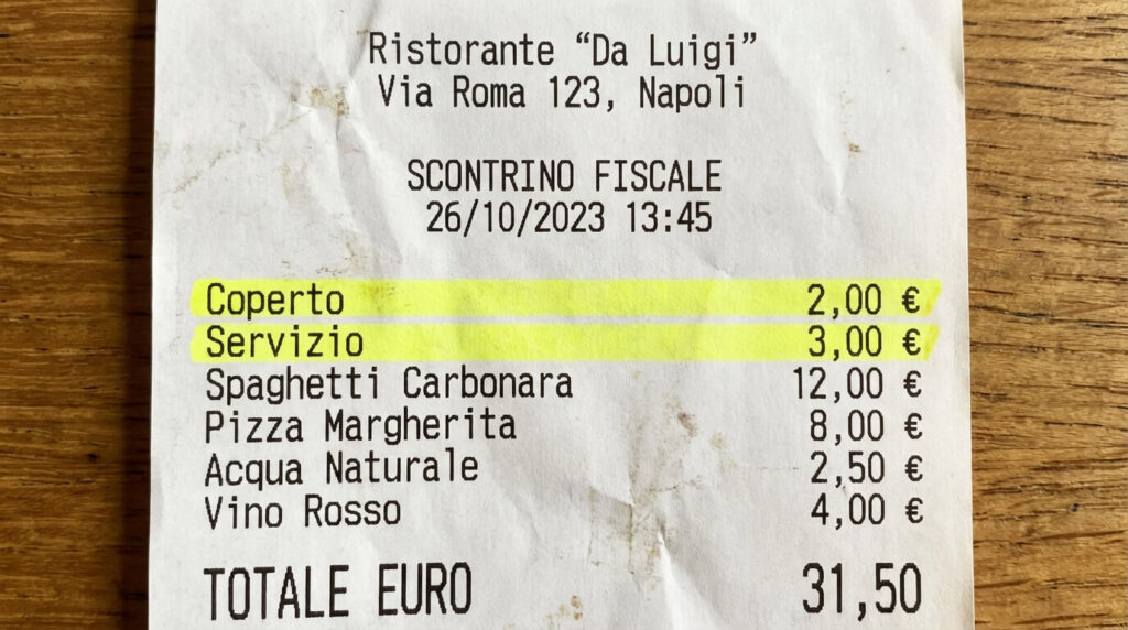 Ticket de caisse d'un restaurant italien (Scontrino) avec les lignes Coperto et Servizio surlignées