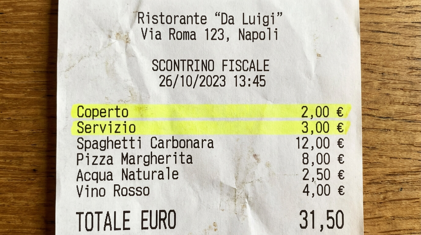 Ticket de caisse d'un restaurant italien (Scontrino) avec les lignes Coperto et Servizio surlignées