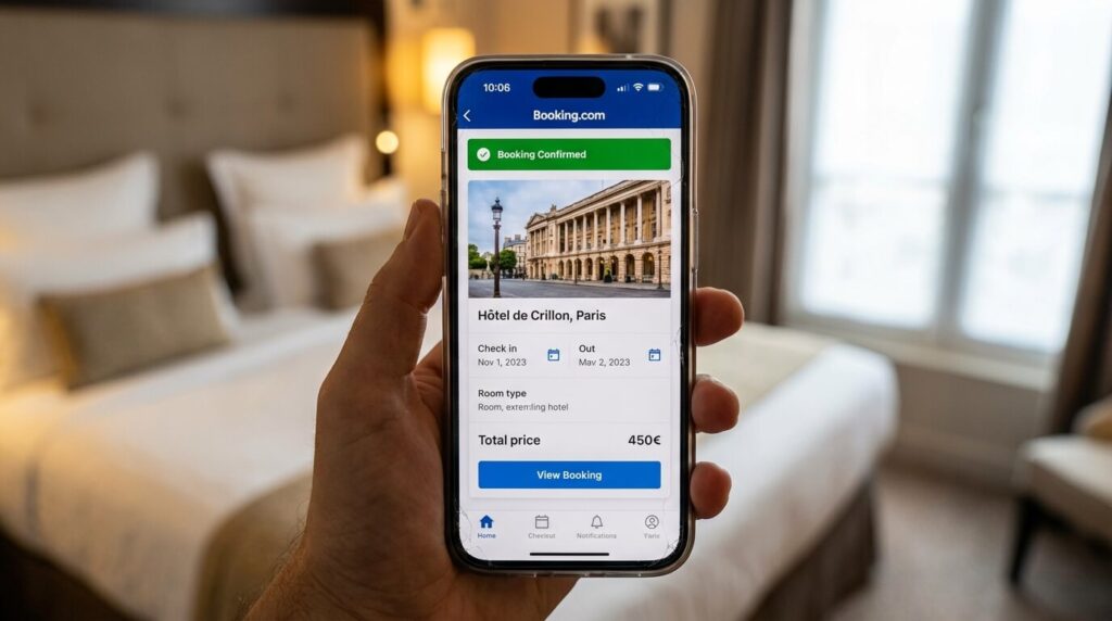 Application mobile Booking.com ouverte sur un smartphone montrant une confirmation de réservation d'hôtel
