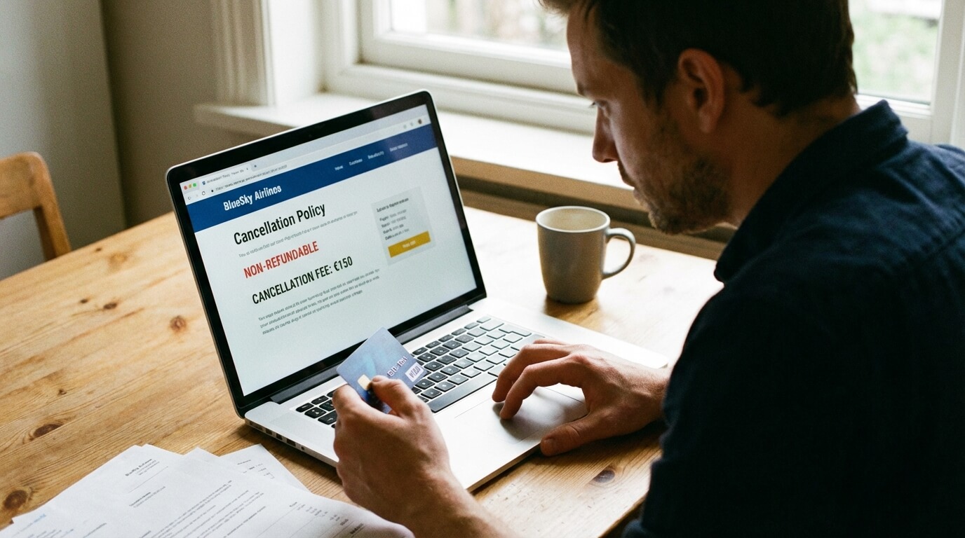 Passager consultant les conditions d'annulation d'un billet d'avion sur son ordinateur avec une carte bancaire