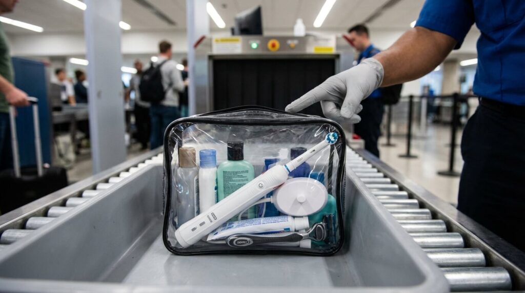 Trousse de toilette ouverte lors du contrôle de sécurité aéroportuaire montrant une brosse à dents électrique et son chargeur