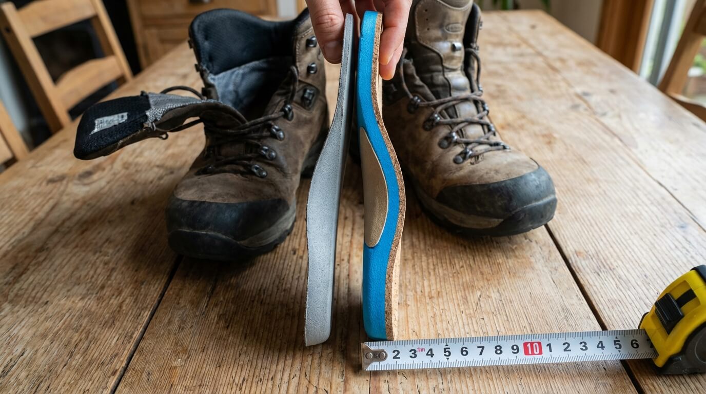 Comparaison de volume entre une semelle de propreté d'origine et une semelle orthopédique épaisse avant insertion dans la chaussure