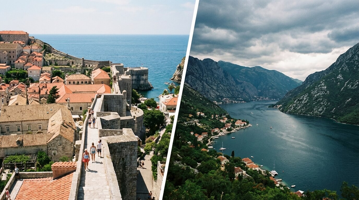 Vue scindée montrant les remparts de Dubrovnik (Croatie) à gauche et les fjords de Kotor (Monténégro) à droite