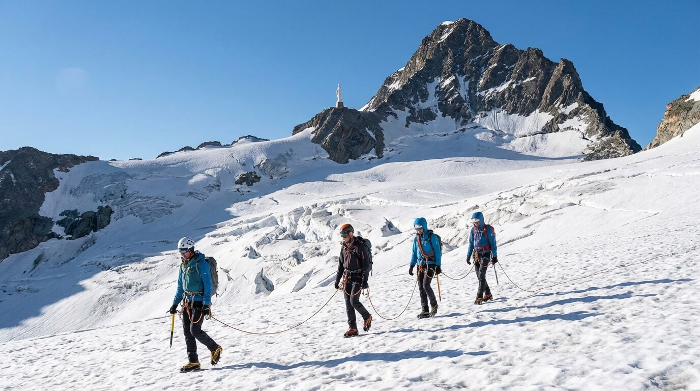 Cordée d'alpinistes traversant le glacier du Grand Paradis avec vue sur le sommet rocheux et la Vierge blanche