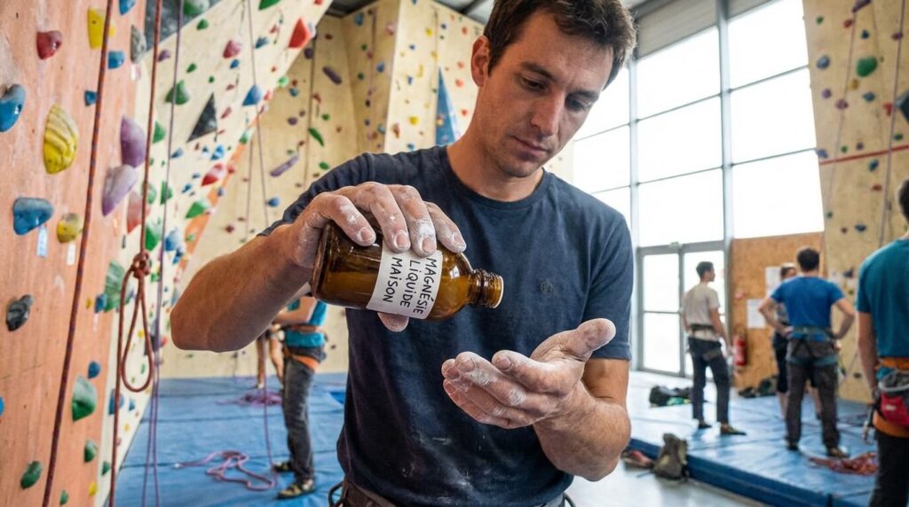 Grimpeur appliquant de la magnésie liquide artisanale sur ses mains avant une voie d'escalade en salle