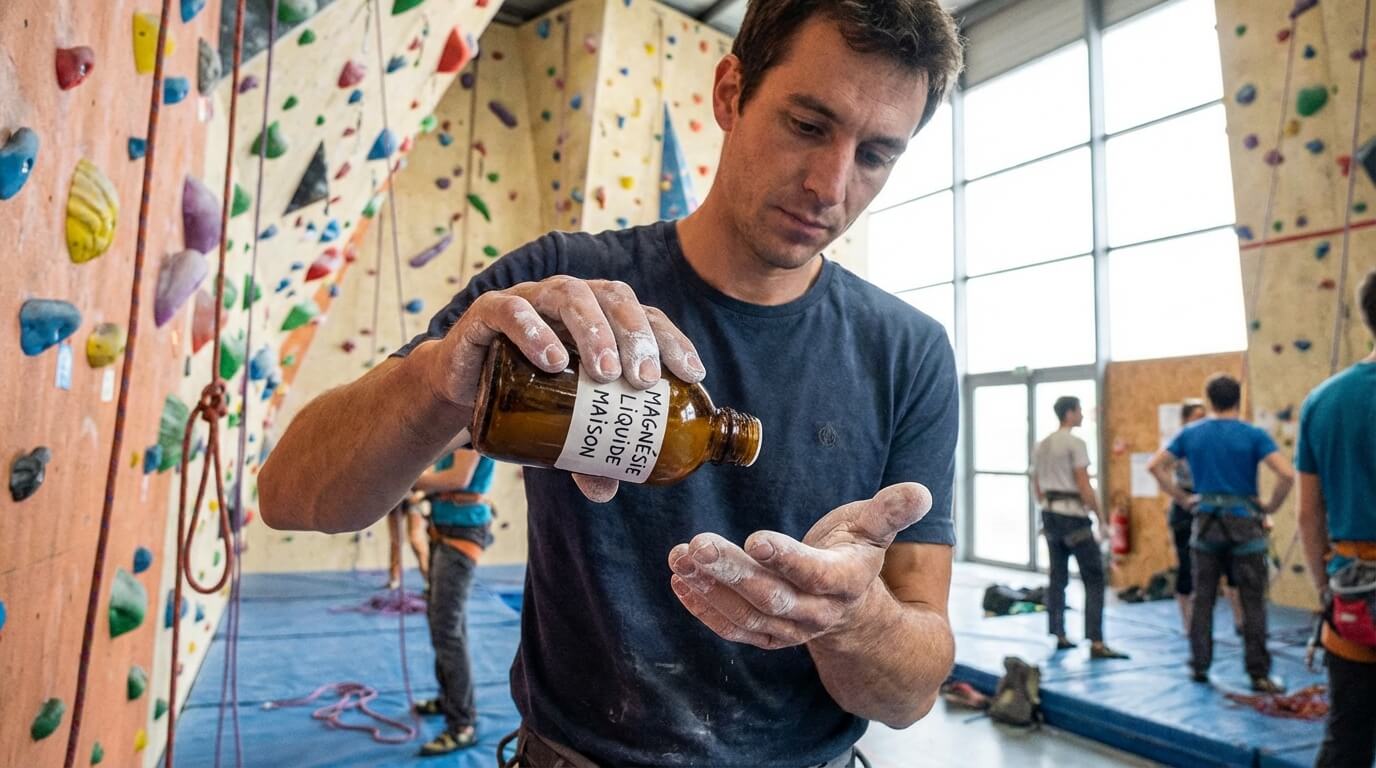 Grimpeur appliquant de la magnésie liquide artisanale sur ses mains avant une voie d'escalade en salle