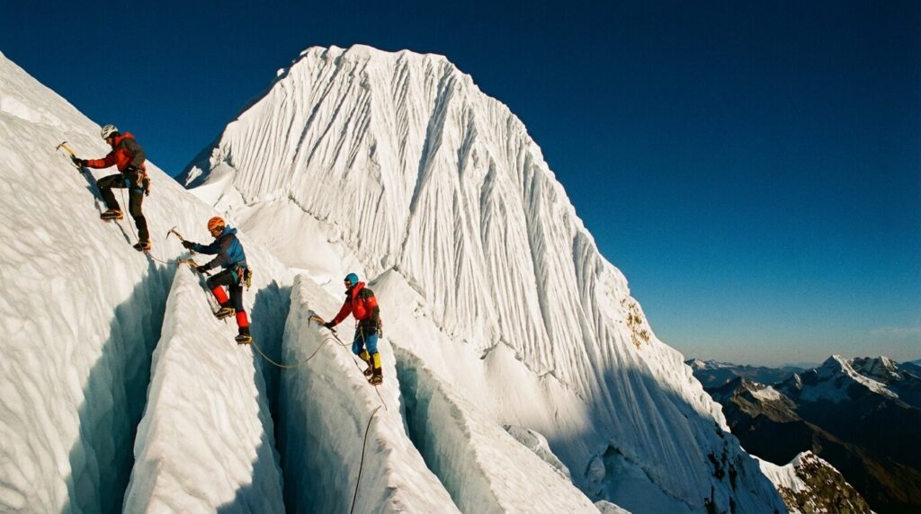 Alpinistes progressant dans les cannelures de glace (ice flutes) verticales sur la face sud-ouest de l'Alpamayo au Pérou