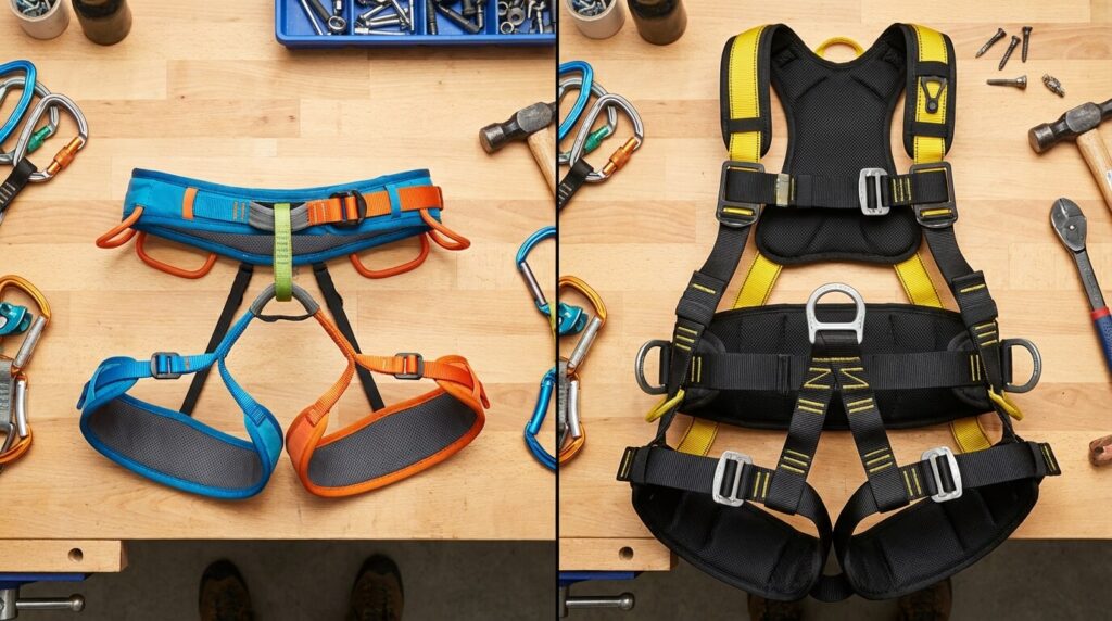Harnais ou Baudrier : Quelle différence et comment choisir ? 2 Comparaison visuelle entre un harnais cuissard d'escalade moderne et un baudrier intégral de travail ou d'enfant