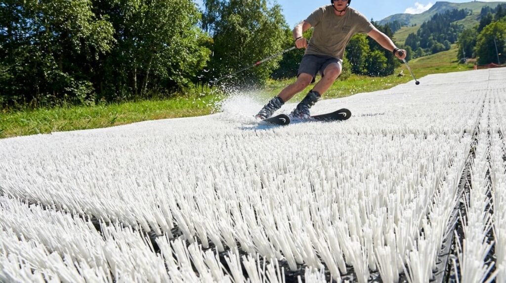 Le "Dry Ski" (Ski sur piste synthétique) : Skier toute l'année sans neige 2 Skieur descendant une piste synthétique (Dry Ski Slope) en été, montrant le revêtement en brosses plastiques blanches