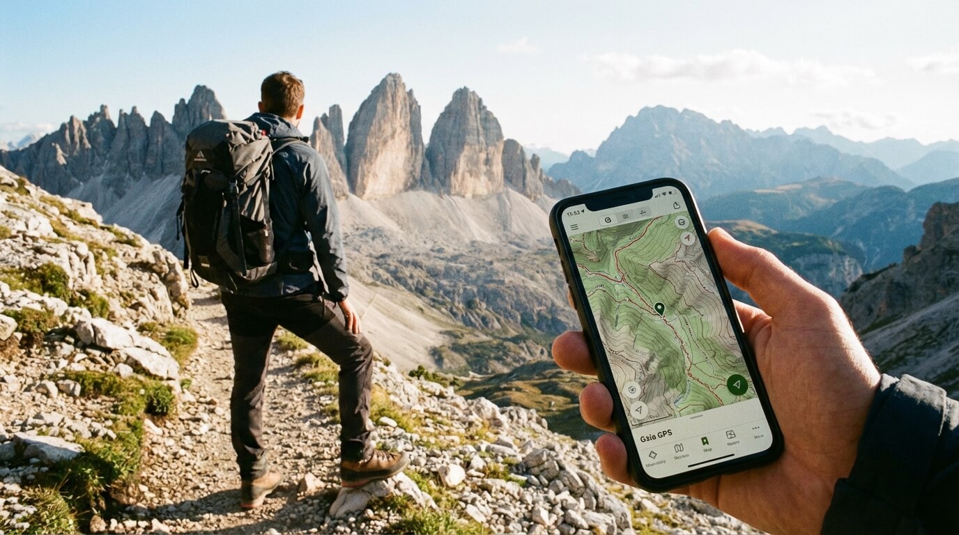 Randonneur consultant une carte topographique numérique des Dolomites sur son smartphone via une application GPS