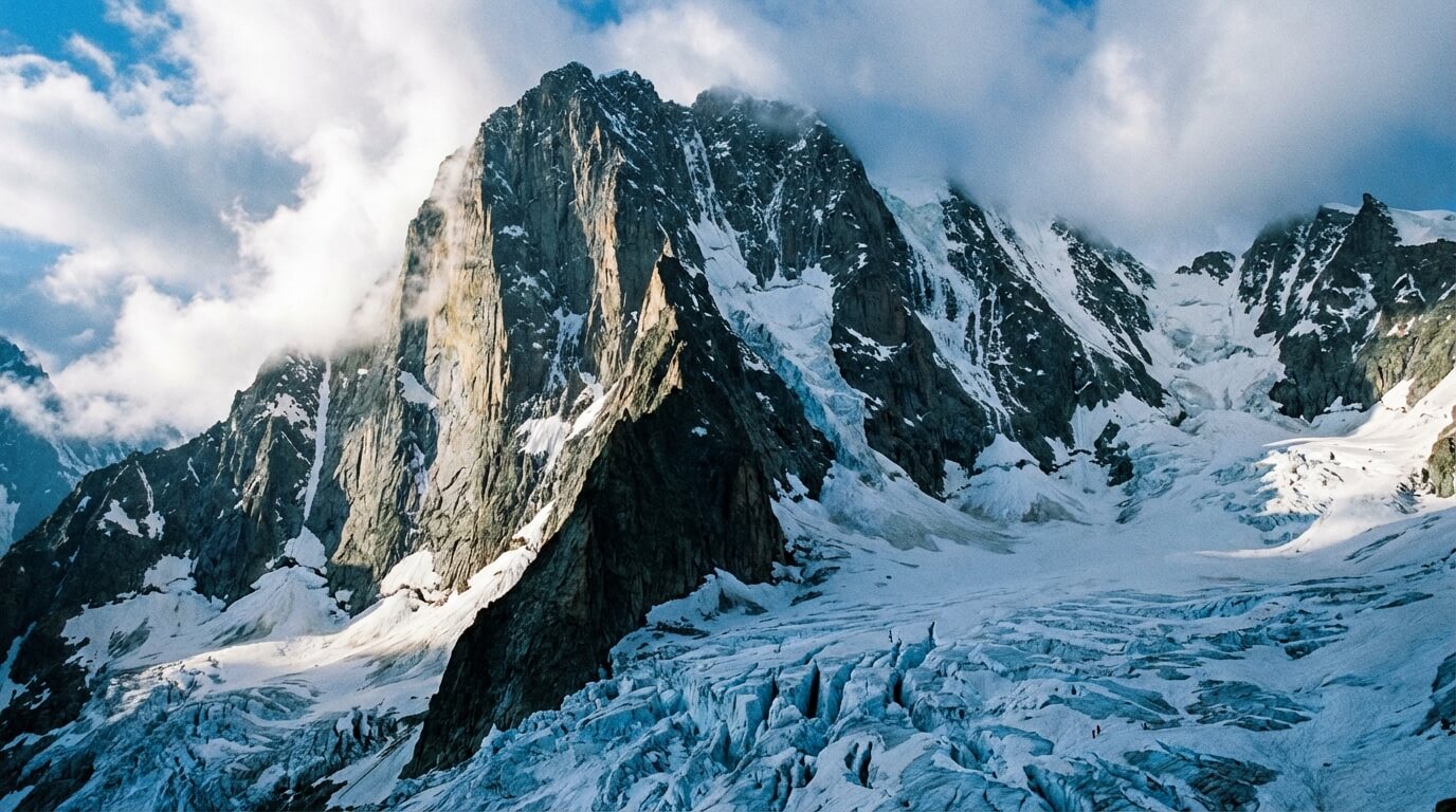 La mythique Face Nord des Grandes Jorasses vue du glacier de Leschaux, montrant la verticalité de l'éperon Walker