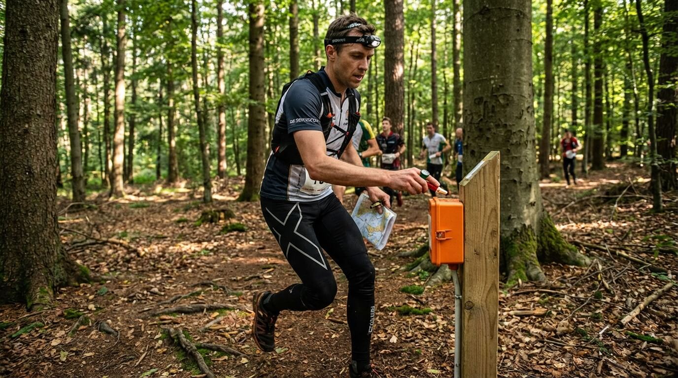 Orienteur insérant son doigt électronique SportIdent dans un boîtier de contrôle orange lors d'une course en forêt