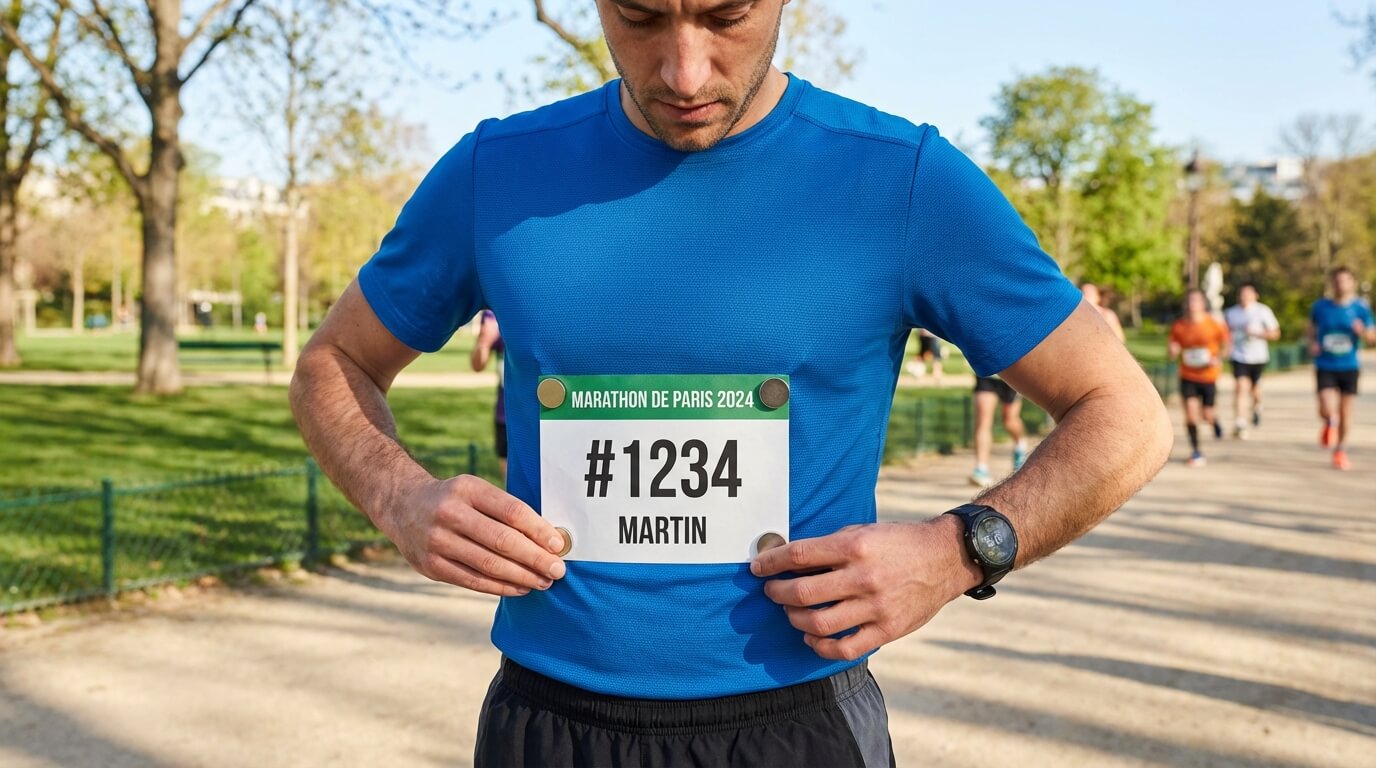 Coureur fixant son dossard sur un t-shirt technique à l'aide d'aimants puissants pour éviter les trous