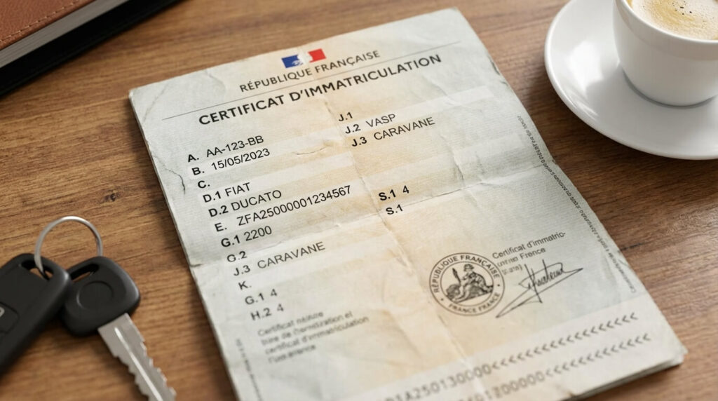 Certificat d'immatriculation (carte grise) français montrant la mention J.1 VASP et J.3 CARAVANE pour un fourgon aménagé