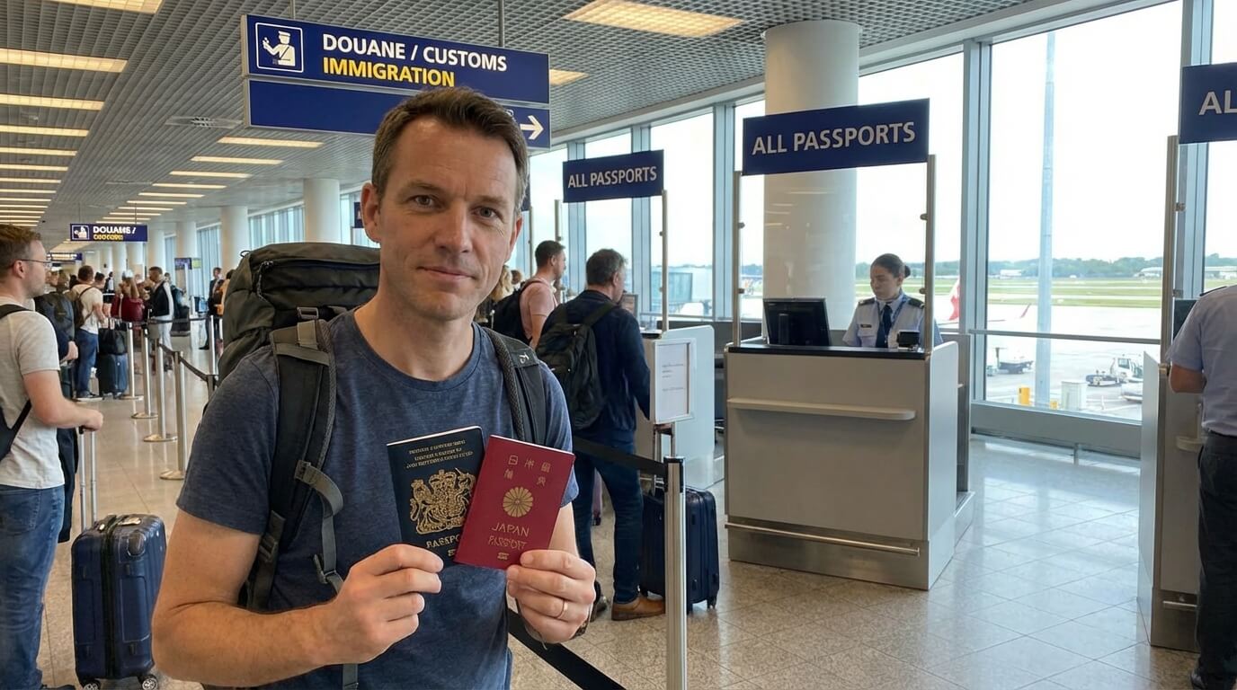 Voyageur tenant deux passeports de nationalités différentes dans un aéroport, prêt à passer la douane