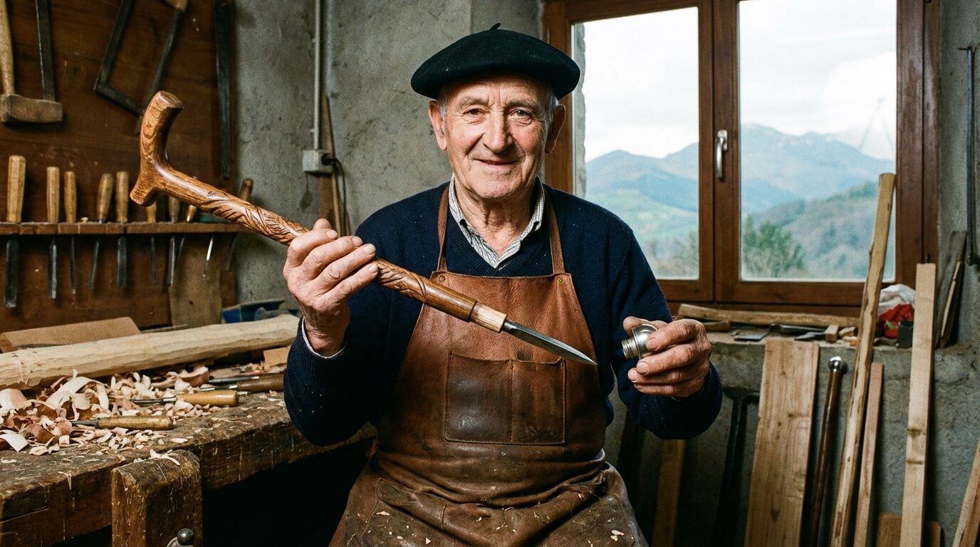 Artisan basque tenant un Makila traditionnel dévissé, révélant la pointe en acier cachée sous le pommeau