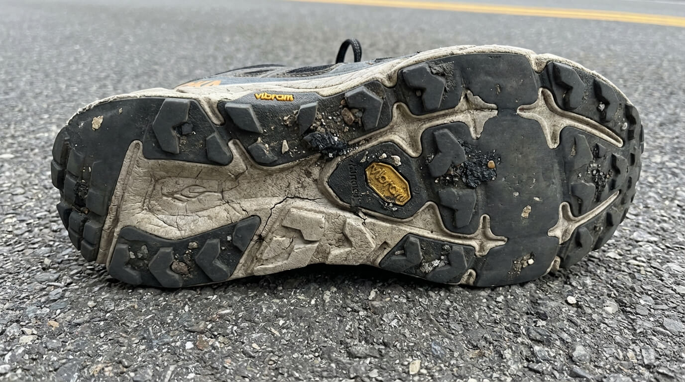 Semelle de chaussure de trail montrant des crampons limés et arrachés après une utilisation intensive sur route goudronnée