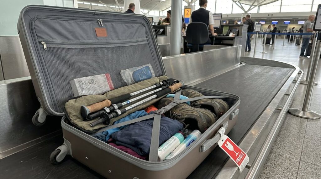 Valise ouverte prête à être enregistrée en soute contenant des bâtons de randonnée télescopiques pliés et protégés