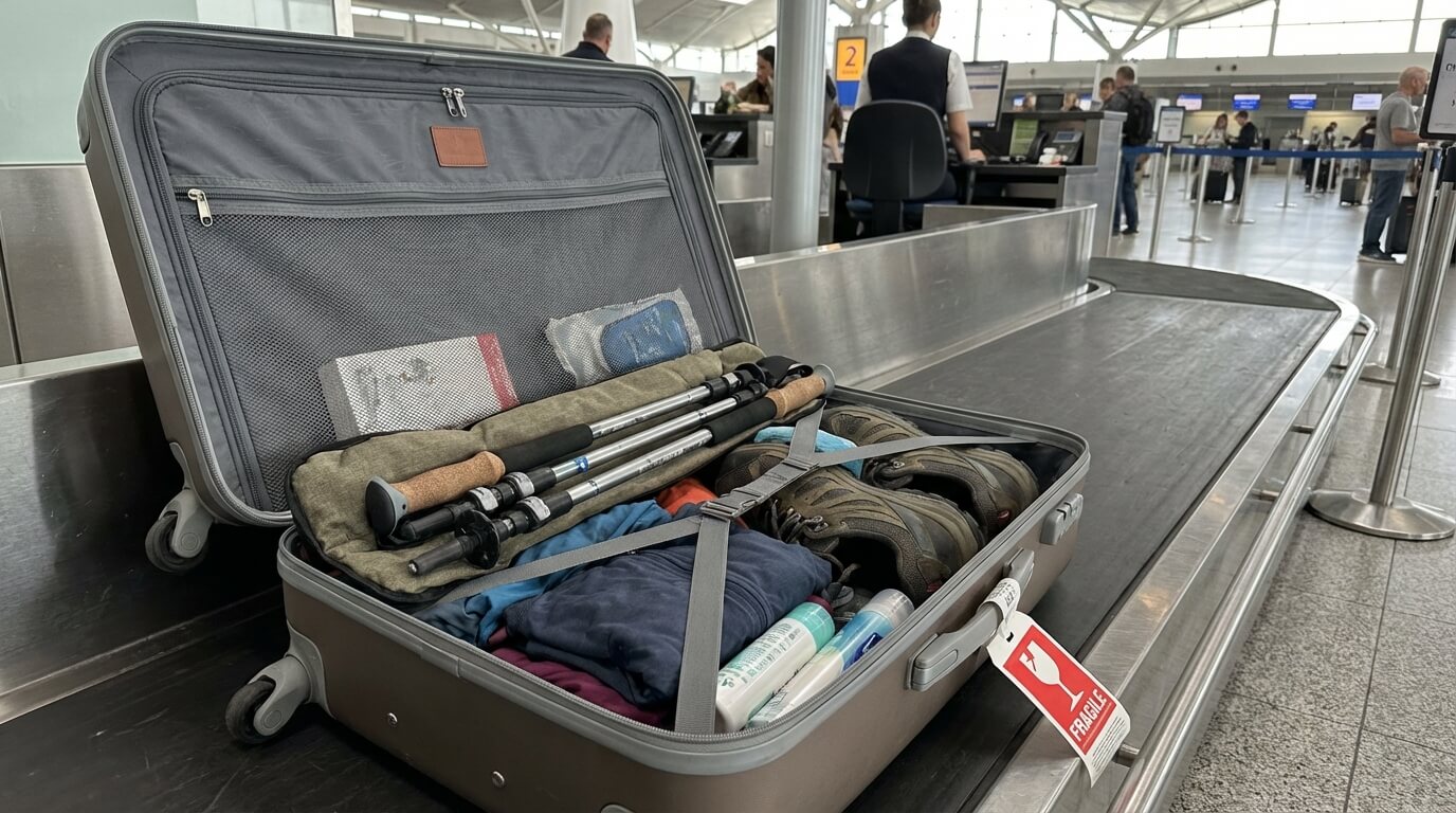 Valise ouverte prête à être enregistrée en soute contenant des bâtons de randonnée télescopiques pliés et protégés