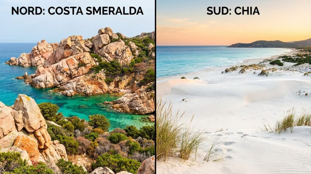 Comparaison visuelle entre les rochers granitiques de la Costa Smeralda au Nord et les dunes de sable blanc de Chia au Sud de la Sardaigne