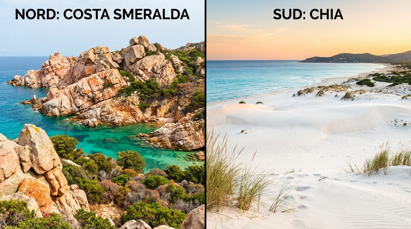 Comparaison visuelle entre les rochers granitiques de la Costa Smeralda au Nord et les dunes de sable blanc de Chia au Sud de la Sardaigne
