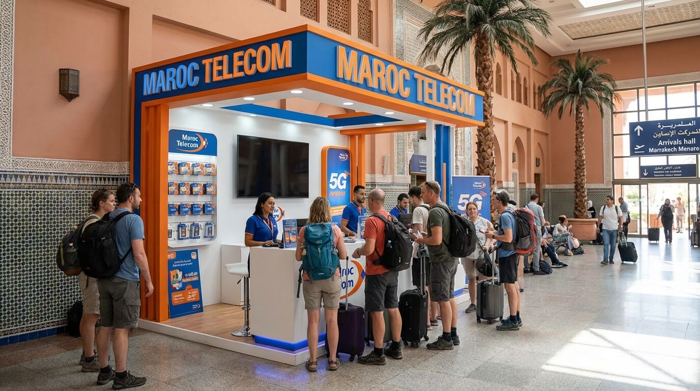 Stand de l'opérateur Maroc Telecom dans le hall des arrivées de l'aéroport de Marrakech Menara avec des touristes