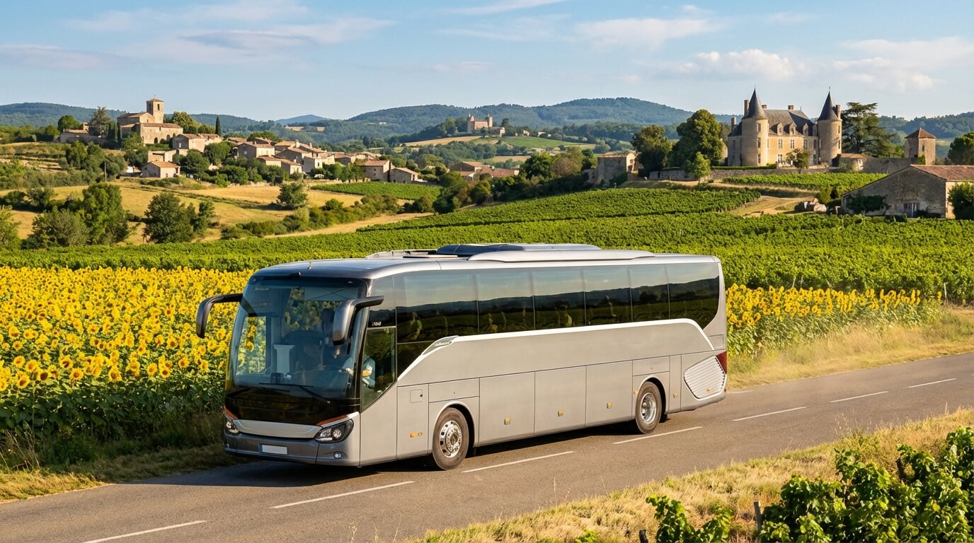 Un bel autocar de tourisme moderne roulant sur une route de campagne française sous le soleil.